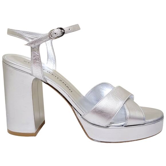 Stuart Weitzman Dayna Platform Ankle Strap Sandals Size US 8.5B Silver Leather - Picture 3 of 8